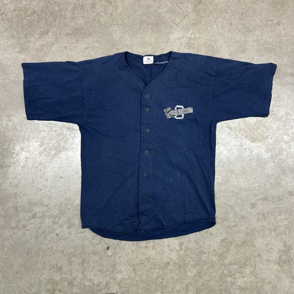 VTG Georgetown Hoyas Button Up Baseball Jersey Shirt Navy Made In USA Mens Large